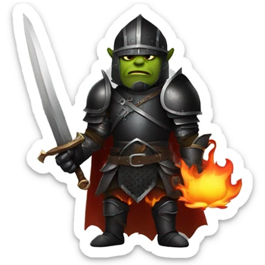 Orc black knight with night armor, sword with flames, Halloween theme, emoji sticker