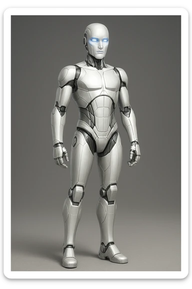 sleek white metallic humanoid robot representing artificial intelligence, glowing blue eyes, subtle facial features sticker