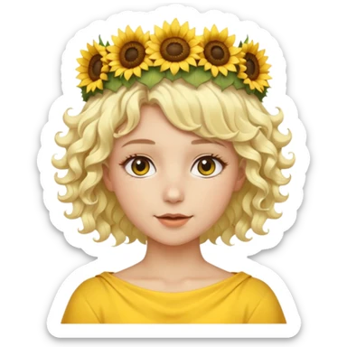Fair skin female, short platinum-blonde curly hair, wearing a yellow sunflower crown. sticker