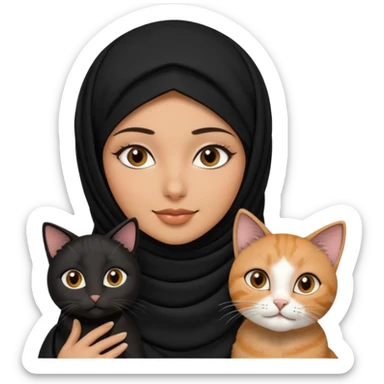 A Arabic woman human with brown eyes and black hijab. , two cats, the both cats have the colour black and white in the same colour,   sticker