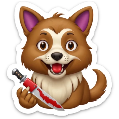 dog with wild crazy eyes holding bloody knife in one paw and eggplant in mouth sticker