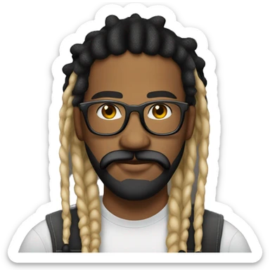 Guy with  blonde and black dreadlocks tied behind head, with big frame glasses, with beard and mustache, a trucker hat, septum ring sticker