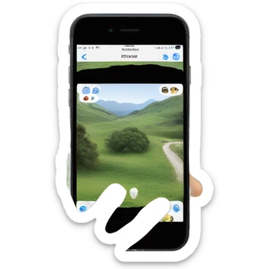 A hand holding a cell phone to take a photo of a landscape sticker