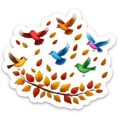 birds flying away in autumn with colorful fall leaves, simple and expressive sticker