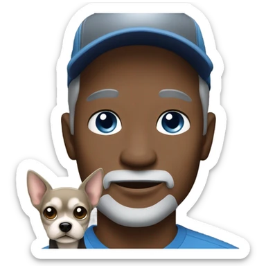 blue eyed man, with grey hair and grey goatee, wearing ball cap, holding long hair black chihuahua sticker