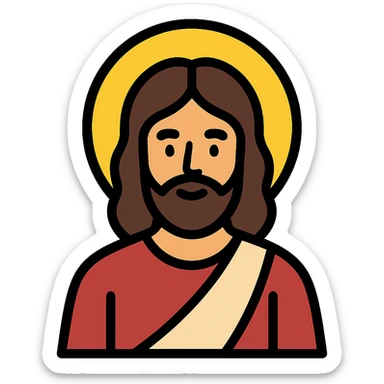 Jesus depicted in a modern color icon style, clear lines, gentle expression, halo, simple background sticker