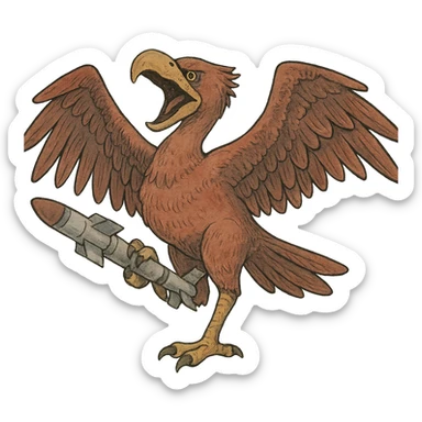 an insignia for a flag: a strange foreign alien bird creature, resembling a prehistoric phorusrhacos, gripping a sidewinder missile in its' powerful claw, standing up on its' other claw, cawing fiercely, wings spread in defiance.
 sticker