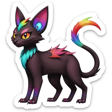 Black with rainbow-markings edgy Noivern-Noibat-Purloin-Torracat-Lykoi-Caracal-cat-Fakemon-fusion-hybrid-creature sticker