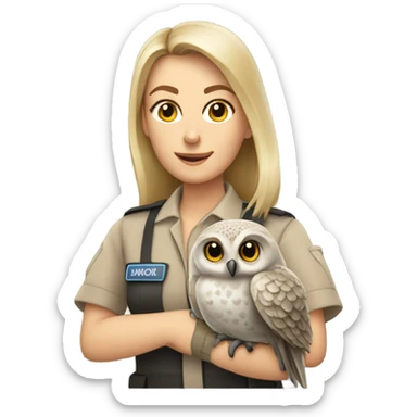 female caucasian zookeeper holding an owl on the glove sticker