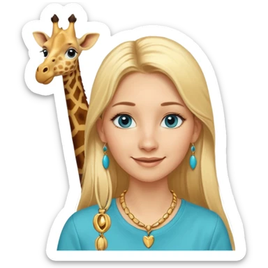 Swedish girl blonde long straigt hair blue eyes turqoise shirt gold earings, girrafe necklace gold small, long lashes smiling closed mouth sticker