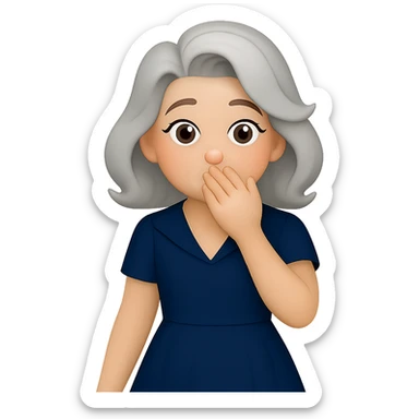 Extend the woman's hair so it is fully visible and not cropped at the top or sides. Keep her bashful expression, retro cocktail dress, and hand covering mouth. The style should resemble emoji style with a transparent background. sticker