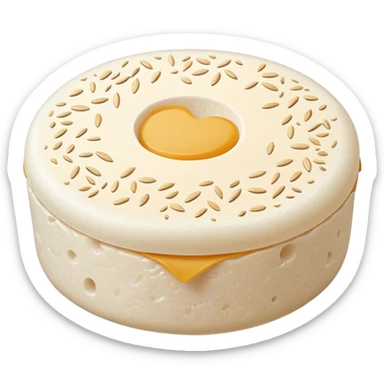 single round rice cake with light puffed texture, pale off-white color, speckled with tiny grains and air pockets, slightly uneven matte surface, crisp edges, delicate crunchy appearance, no packaging, no toppings, no extras, soft lighting, subtle shadows, emoji scale sticker