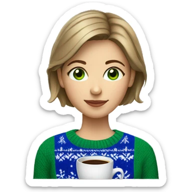 Light brown short haired girl with green eyes drinking coffee wearing blue Christmas sweater sticker