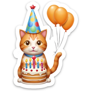 Ginger cat celebrates birthday, birthday hat, birthday cake, balloons, happy sticker
