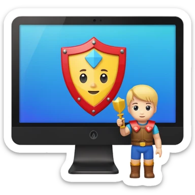 a computer screen with a shield and a child's figurine sticker