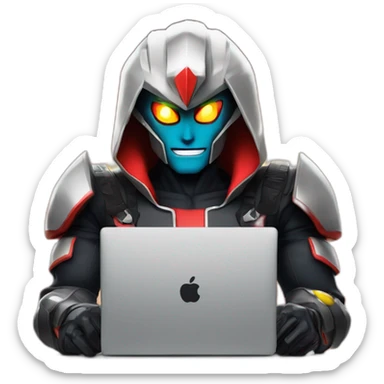 developer behind his laptop with this style :  goldorak manga anime with hacker themed character sticker
