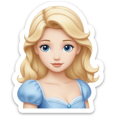 Cinematic Serene Cinderella Portrait Emoji, rendered in a realistic, vector-style with minimal shading. Depict a gentle Cinderella (chest and above) with porcelain skin, smooth blonde hair falling in soft waves, and calm, inviting eyes. Dressed in her modest daytime dress, she exudes quiet grace and pure enchantment, highlighted by a soft glowing outline. sticker