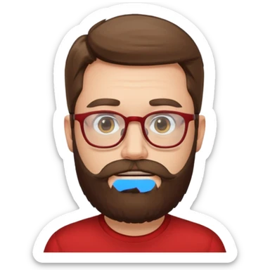 bearded man with eyeglasses red shirt sticker