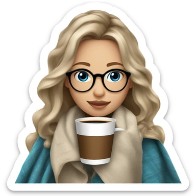 Balayage hair Girl drinking coffee, with a cozy blanket wearing glasses with blue eyes  sticker