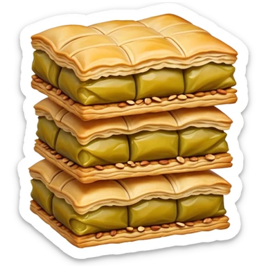 Cinematic Realistic Baklava Dessert Emoji, depicted as layers of flaky pastry with honey and nuts rendered with rich textures and warm, inviting lighting. sticker