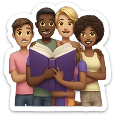 group of friends with a book sticker