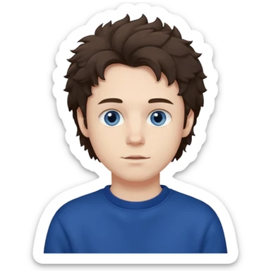 male , blue eyes , pale skin , brunette fluffy hair , dark blue sweatshirt sticker