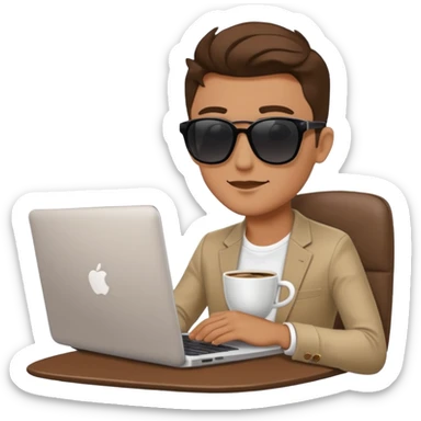 stylish man in sunglasses sitting with a laptop and coffee sticker