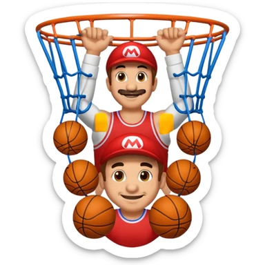 Mario hanging from a basketball rim, emoji style sticker