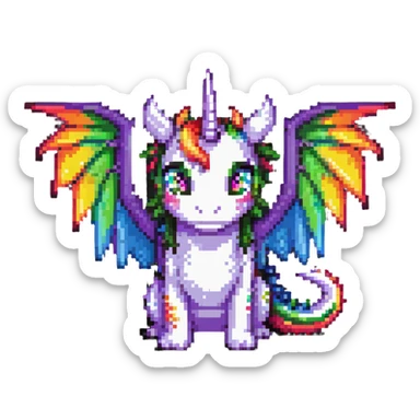 dragon with oversized eyes, rainbow-colored wings, and a unicorn horn sticker