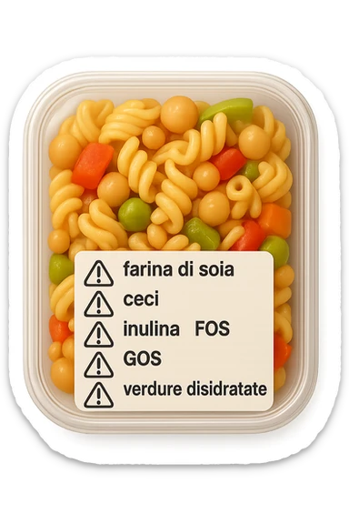 SU QUESTO STILE FAI UN EMOJI STILE IPHONE 3D DI UN insalata di pasta precotta preconfezionata con ETICHETTA CON GLI INGREDIENTI SCRITTI, "farina di soia, ceci, inulina, FOS, GOS, verdure disidratate" accanto ad ogni nome scritto mettici un segnale di allarme, FALLO MOLTO REALISTICO IN 3D sticker