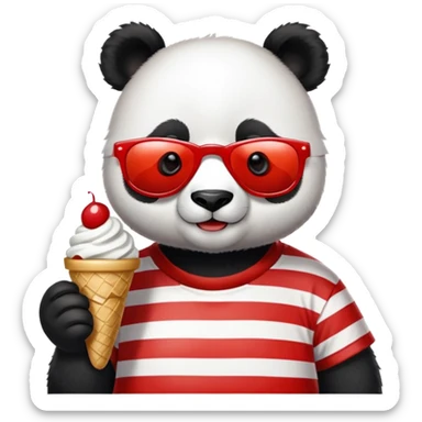 Panda with sunglasses that eat an ice cream with a red and white t-shirt sticker