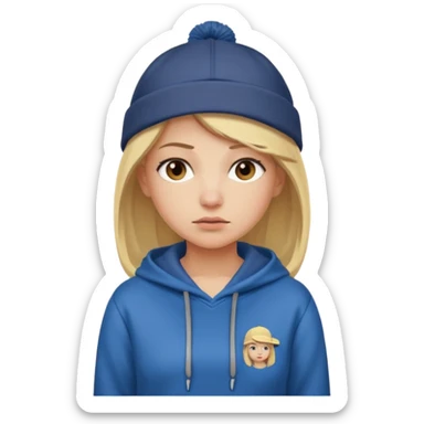Blonde female tech developer manager going back to work after christmas holidays, looking tired and wearing a hoodie and cap sticker