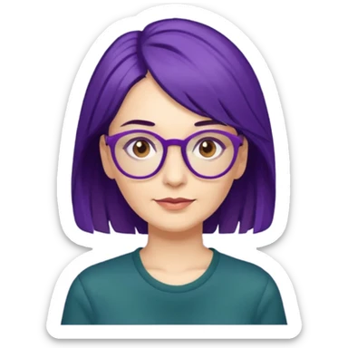 Cartoon 50-year-old youthful woman with purple glasses, brown eyes, and indigo hair to her shoulders in a dark green shirt. sticker