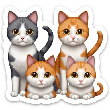 4 different coloured short haired cats including; a dark brown and white cat, and a dark grey and white, and a calico sticker