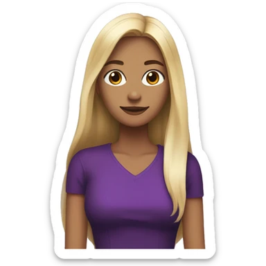 Woman with Long hair dyed in the middl. One side of split dyed hair blonde. Other side of split dyed hair black. Woman has purple dress with a heart on. sticker