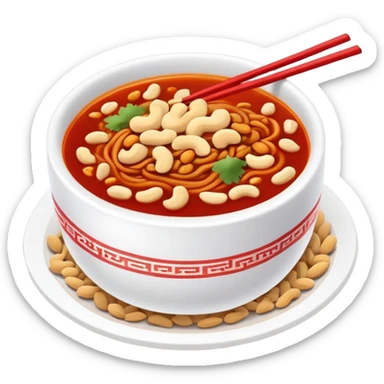 Chongqing Xiaomian with red spicy broth and peanuts, simplified emoji style with bold outlines and bright colors, cartoon style hot Sichuan street noodles sticker