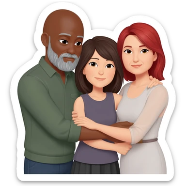 Baldheadeded black man with salt/pepper goatee hugging brunette Japanese older woman k guy with gray goatee hugging white redheaded mature woman sticker