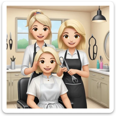 friendly and cheerful salon scene with a woman client smiling in chair wearing an apron and a female hairstylist smiling behind her holding scissors, bright and positive atmosphere sticker