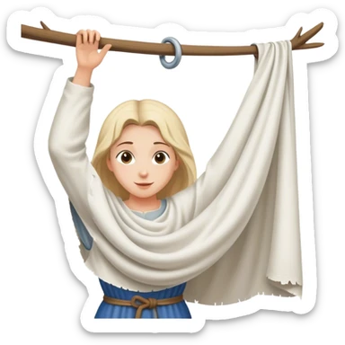 young washerwoman hanging large white cloth spread out, age medieval sticker