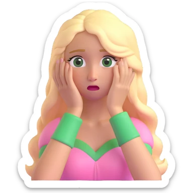 blonde with long hair and swamp eyes in a pink pastel dress, crying, 3D iOS realistic emoji style sticker