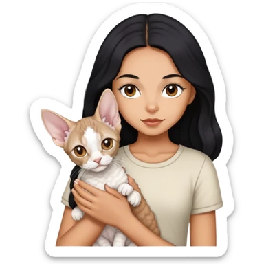 a  girl with black long hair with a white devon rex  sticker