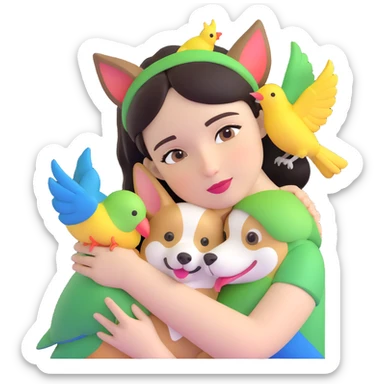Dark short hair, dark brown eyes with pale skin and thin eyebrows girl hugging a welsh corgi. And a green-reddish lovebird on her head with yellow, blue love birds around her. sticker