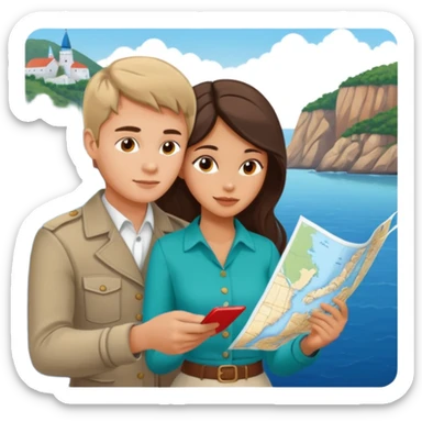 Russian young man and elegant fair-skinned Latina girl in costal outfits with a map planning  sticker