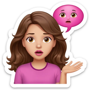 girl with long wavy brown hair, brown eyes, light to medium complexion, in a pink shirt, pink lips, long lashes, surprised, wow speech bubble sticker