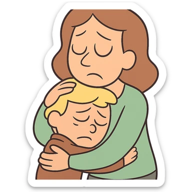 mother hugging a sad child, simple shapes, gentle palette sticker