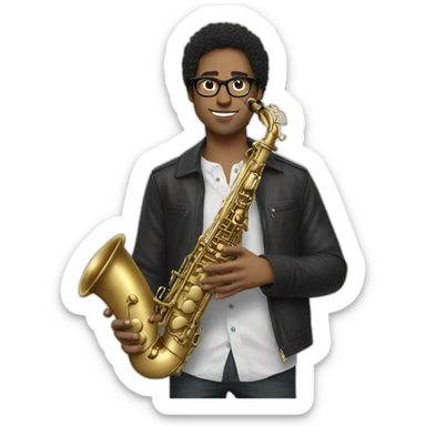 young white man  dark hair glasses saxophone sticker