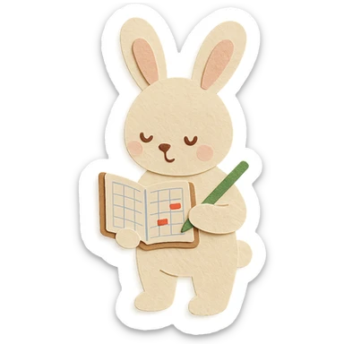 highly detailed, high quality paper craft style illustration of a cream-colored bunny standing and writing in a planner, intricate textures, soft lighting, delicate cut-paper details sticker