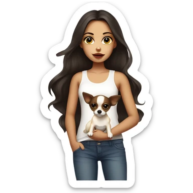 A girl with long very dark brown hair, big brown eyes, very big lips wearing a white singlet top, she is holding a very small  chihuahua that is only yellow in colour sticker