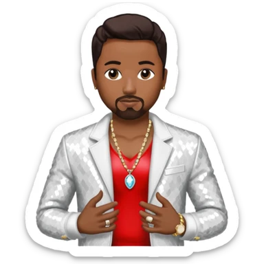 Teddy Riley with dark brown hair, white sequin jacket, shirtless with necklace  sticker
