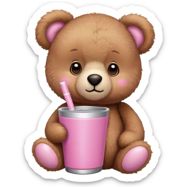 Small, cute brown teddy bear holding a pink Stanley tumbler sticker